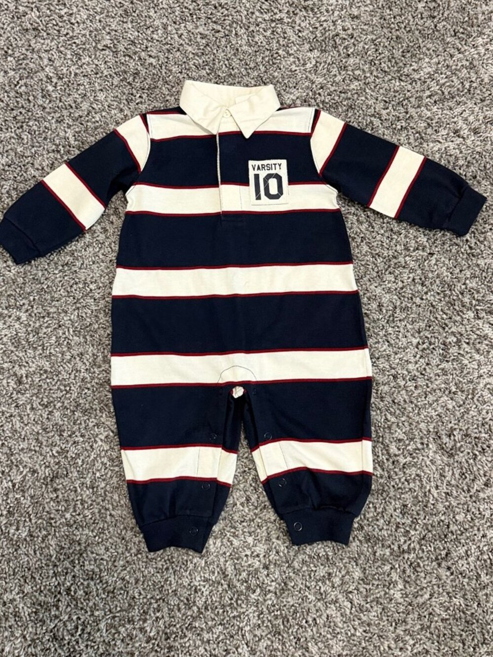 Miniwear Blue/White Striped Cotton Collared Polo One Piece Romper Boy's Size 12M